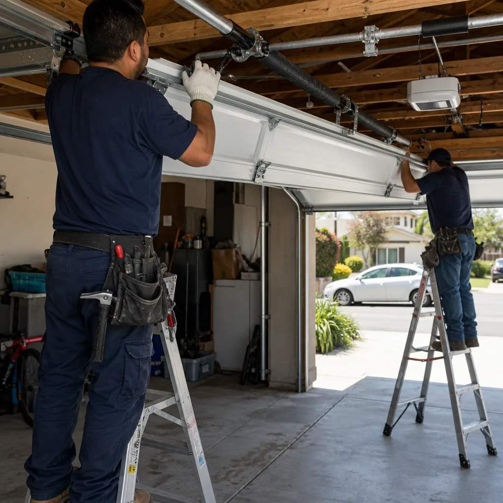 Two professional technicians installing a new residential garage door on ladders.