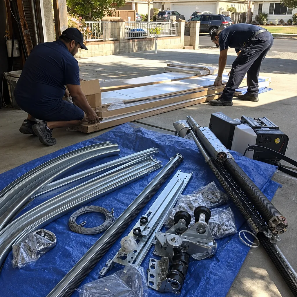 Two professional technicians preparing components for a garage door installation.