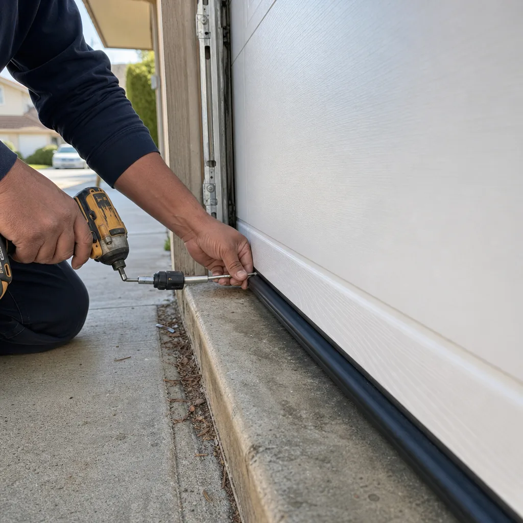 Technician using a power drill to install garage door bottom weather seal