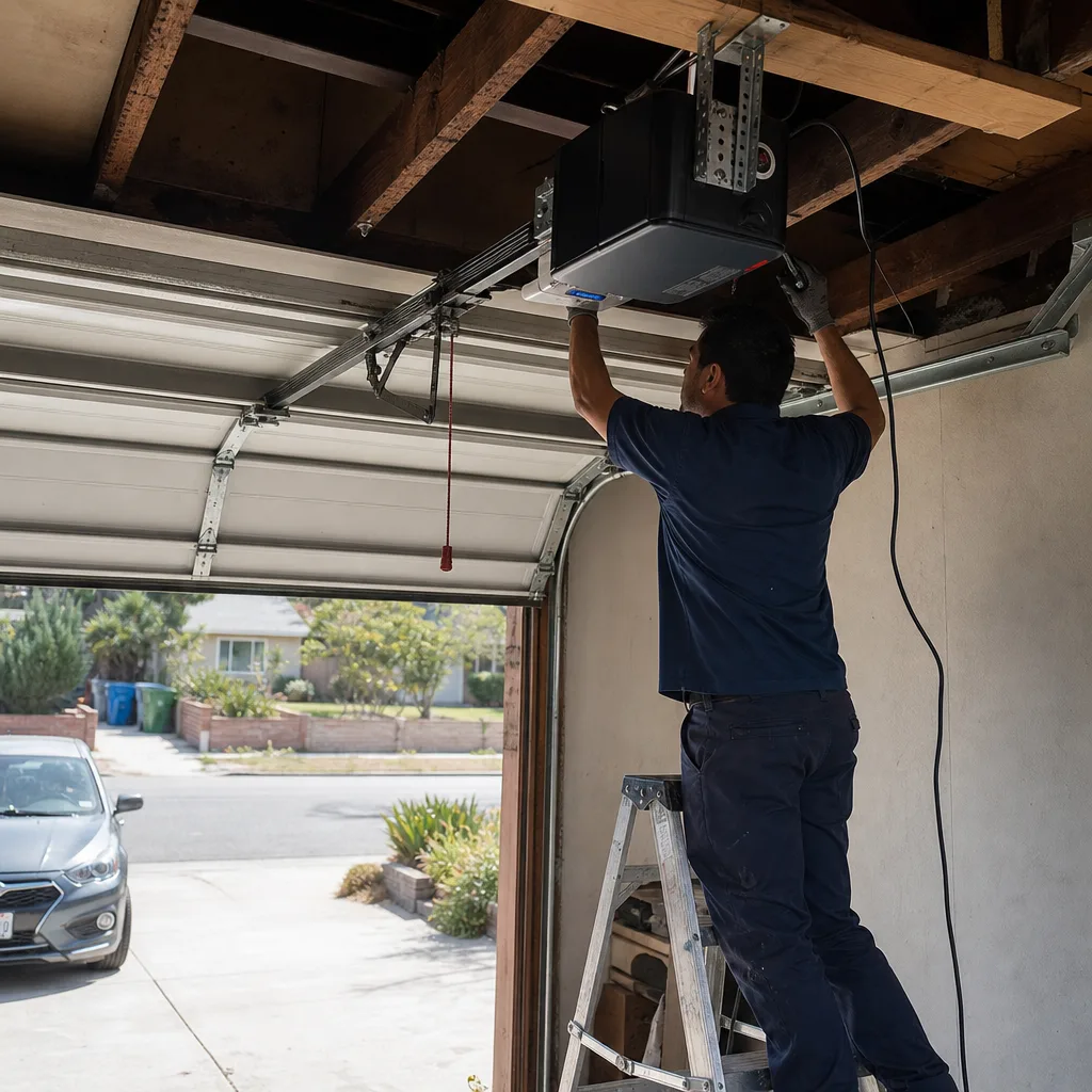 Technician performing professional garage door opener repair service
