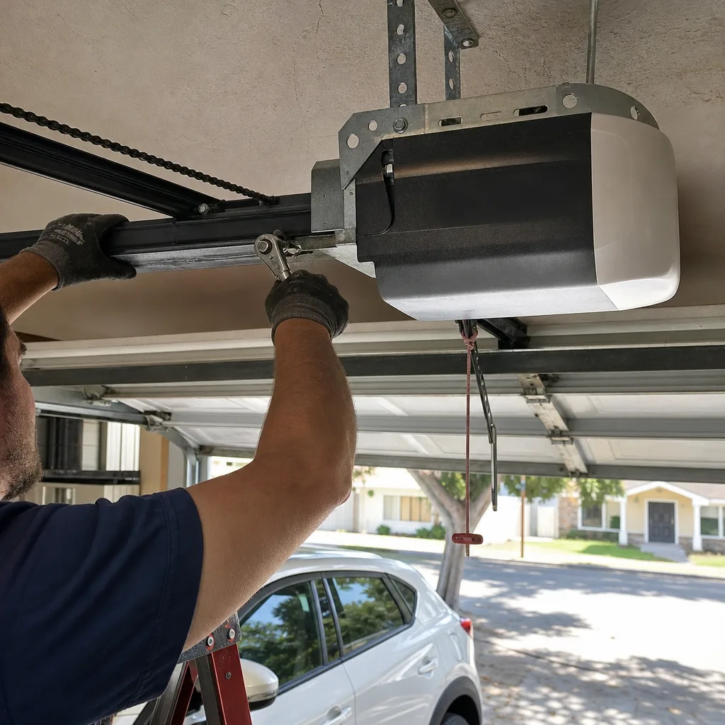 Technician performing a professional garage door opener repair