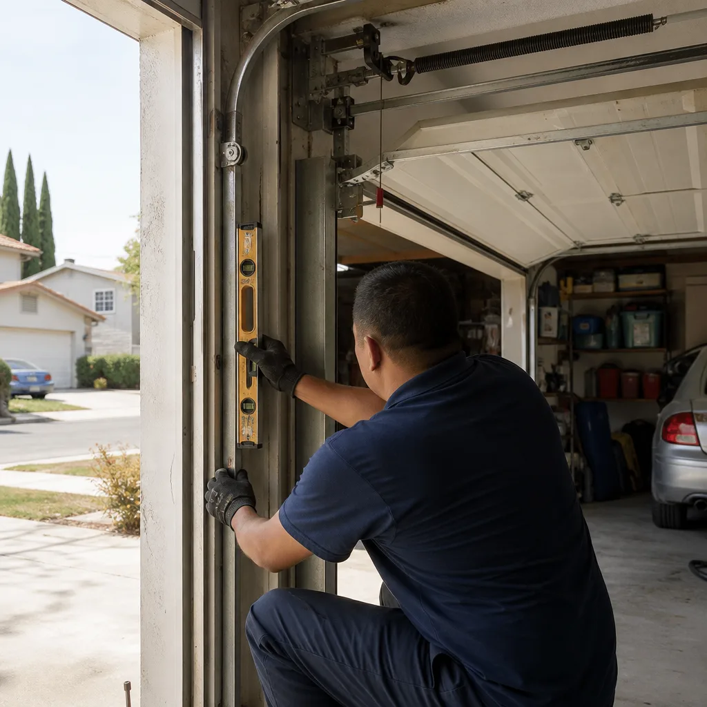 Technician using a level to install or repair garage door tracks